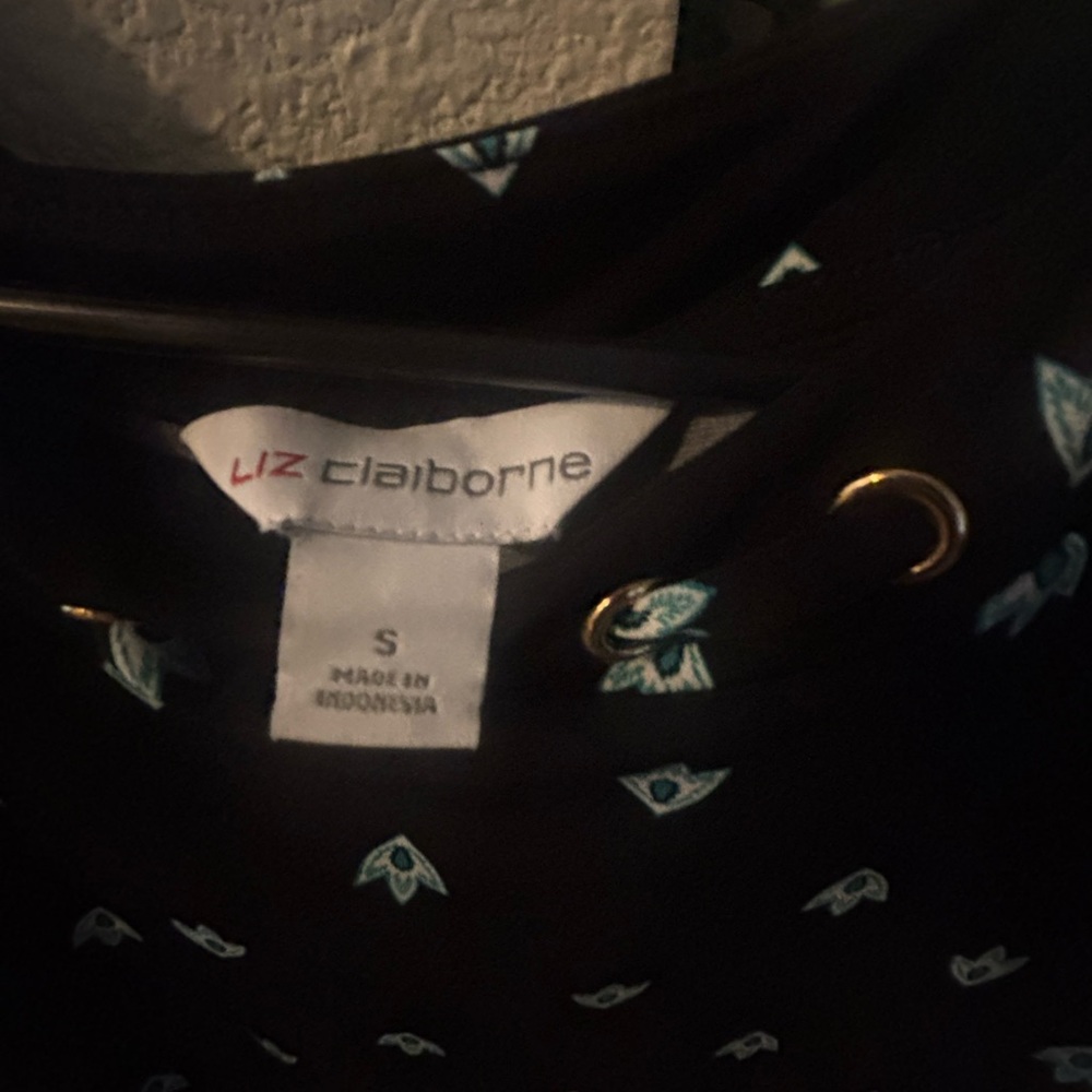 Liz Claiborne Black Blouse with Teal Floral Motif and Gold Grommets